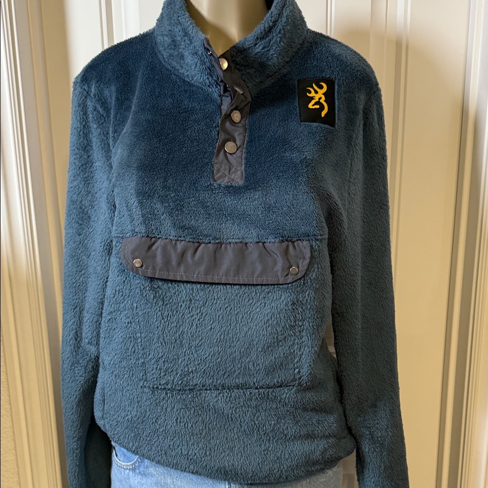 Browning Sherpa Fleece Quarter Snap Pullover Blue Cozy Warm Outdoor Sz L Unisex